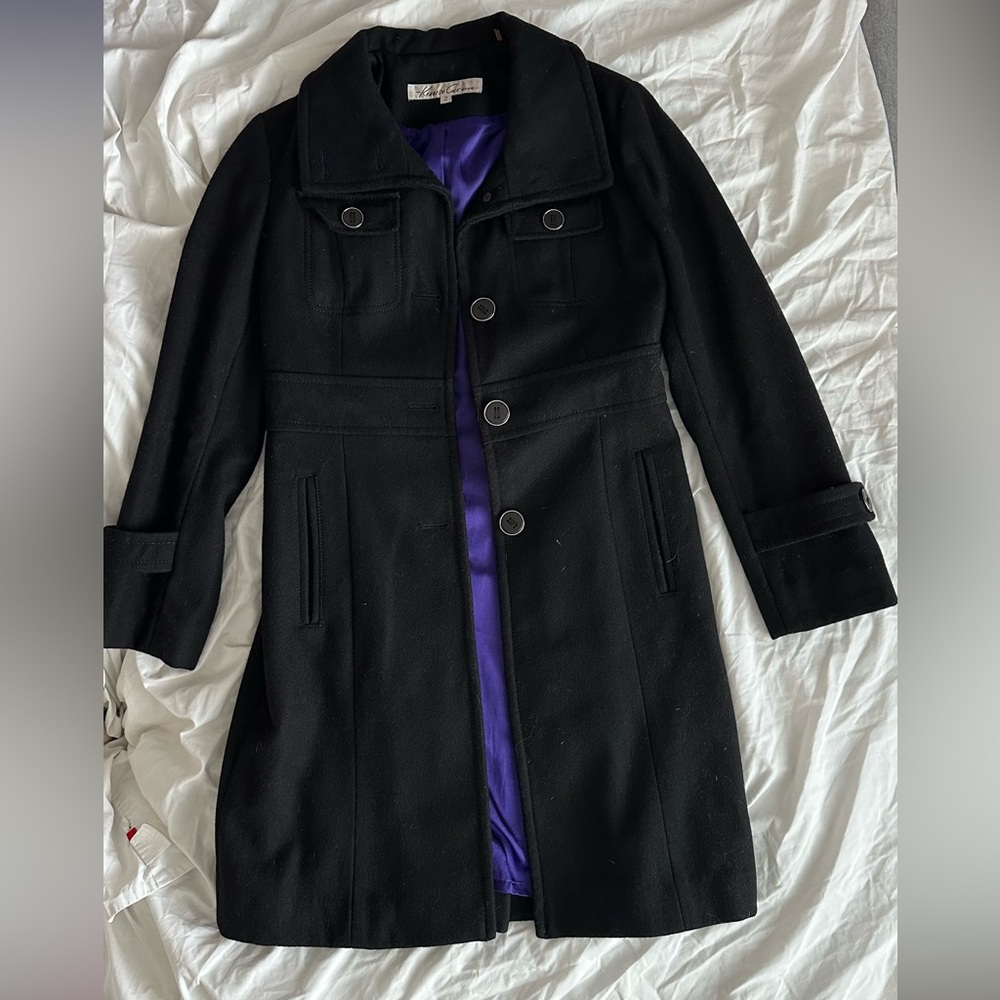 Kenneth Cole Women’s Wool Blend Single-Breasted Peacoat, Purple Satin-Lined